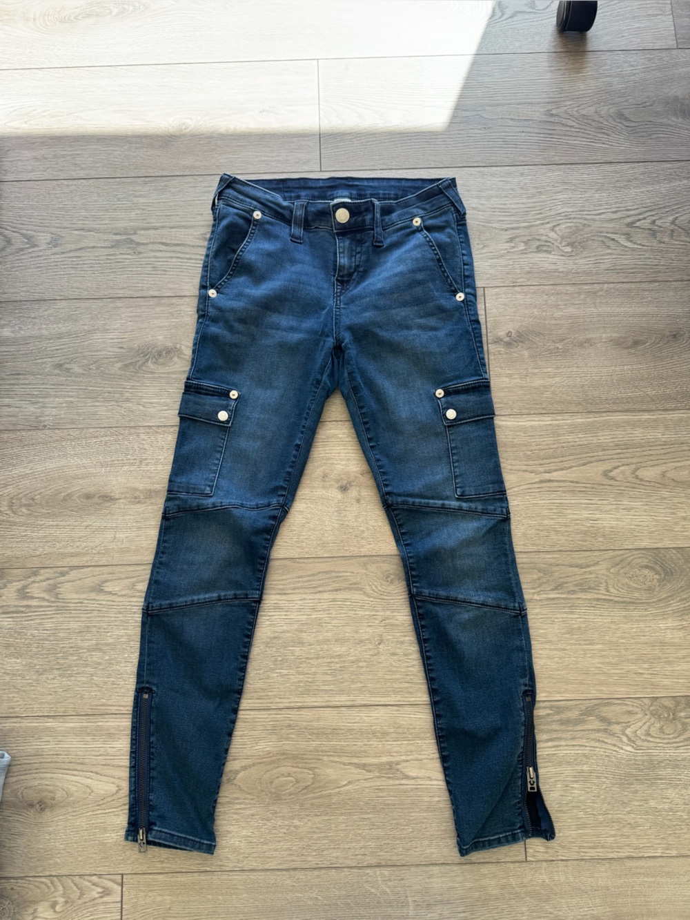 True Religion Dark Indigo Skinny Jeans with Zip Ankle and Stud Accents